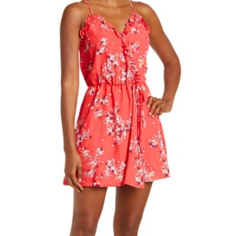 Socialite Ruffle Floral Print Mini Dress In Red Coral Multi Floral Size XL